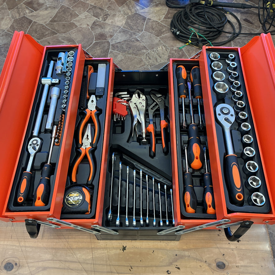 【中古】 ハンドツール 工具セット 専用工具箱入り 色：オレンジ ノンブランド品 ミリ規格 スパナ ラチェット プライヤ 【越谷店】